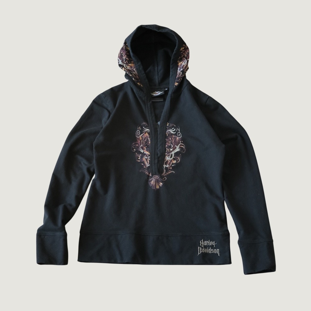 Harley Davidson‎ Hoodie Womens Black Graphic Skull Filigree Gothic M Pullover
